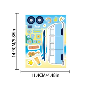 Children summer beach theme DIY sticker sheet with cute cartoon van and surfboards.