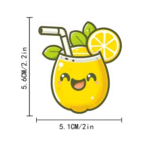 Close-up detail of a cute cartoon lemon drink sticker, waterproof vinyl material, vibrant design.
