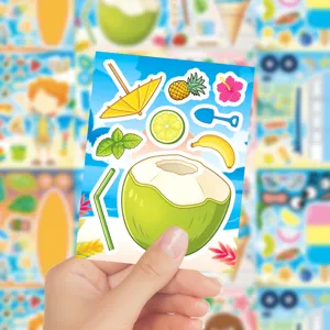Kids summer beach DIY decorative stickers sheet, cute cartoon fruit coconut adhesive decals.