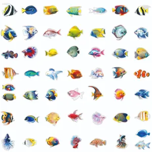 Waterproof PET fish stickers, 50 pcs ocean animal decals for laptop water bottle DIY decor