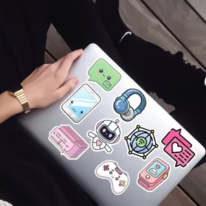 Cute kawaii tech stickers detail view showcasing fun graffiti designs for laptops and cases.