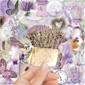Ins style purple aesthetic transparent sticker featuring lavender flowers in a wooden box.