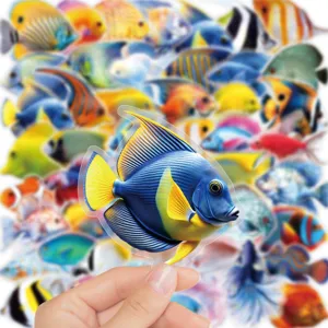 Marine fish stickers detail view, waterproof PET sticker pack close-up showing tropical fish art.