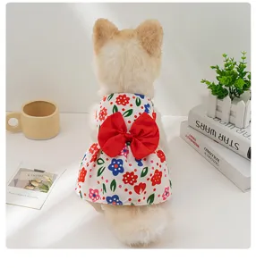 Blumenkleid für Welpen mit roter Schleife, süße Haustierkleidung für kleine Hunde und Katzen, Stoff.