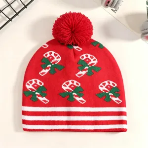 Rote Weihnachts Strickmütze mit rotem Bommel und Zuckerstange Muster warme Wintermütze