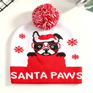 Weihnachtliche Bommel Mütze Strickmütze mit Hund Muster und Schneeflocken im Winter.