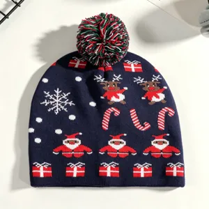 Weihnachten Bommel Mütze Strickmütze mit Weihnachtsmann Rentier Muster warme Wintermütze