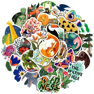 Detailed view of colorful cartoon jungle animal and plant stickers, artistic illustration design.