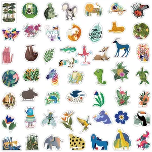 Close-up view of diverse artistic animal and plant stickers, ideal for DIY laptop decoration.