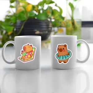 Cute capybara cartoon ceramic mugs set, white coffee cups with lovely animal illustrations.