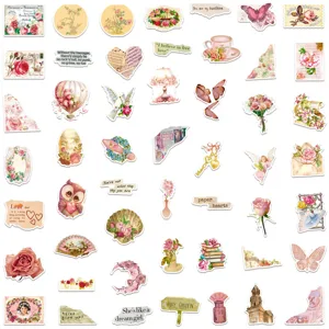 50pcs Pink Vintage Aesthetic Stickers Cute Retro Botanical Floral Waterproof Decals for Journal