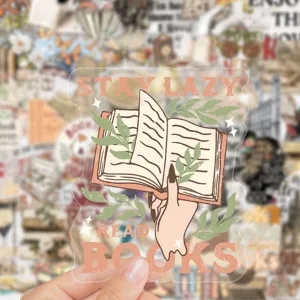 Transparent vintage literary reading sticker detail, waterproof aesthetic stationery decal.