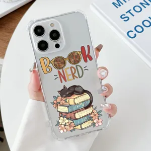 Clear phone case detail showcasing cute cat on books and book nerd print design clearly.