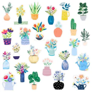 Nordic watercolor floral potted plant stickers, cute vase graffiti stickers for water bottles.