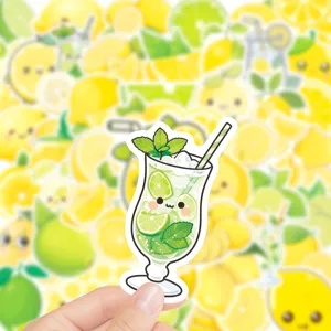 Close-up detail shot of a cute lemon cocktail cartoon sticker with vibrant green and yellow colors.