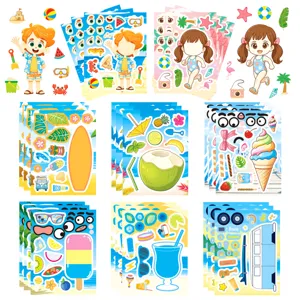 Kids DIY face changing sticker sheets set, summer cartoon puzzle stickers for children fun play.