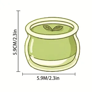 Vista dettagliata dell'adesivo con budino di matcha e dimensioni del dolce greeno.