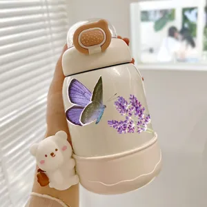 INS style cute insulated water bottle with purple butterfly and lavender design, portable.