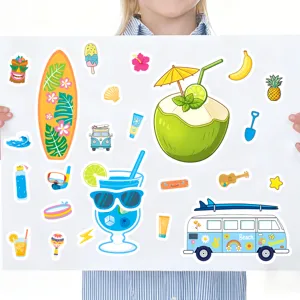 Cute summer beach cartoon stickers set for kids, waterproof vinyl decals for scrapbooking.