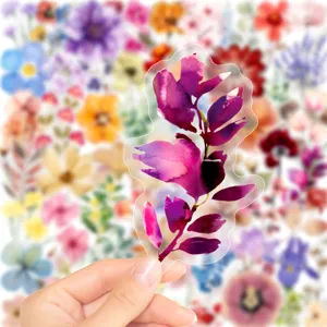 Watercolor floral sticker detail close-up showing clear texture and PET material for crafts.