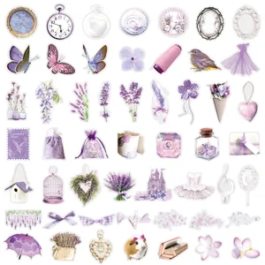 Aesthetic purple waterproof stickers set, romantic journaling stationery for phone cases.