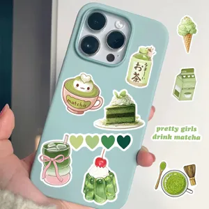 Dettaglio di adesivi carini matcha per ragazza con motivi di cartoni animati verdi.