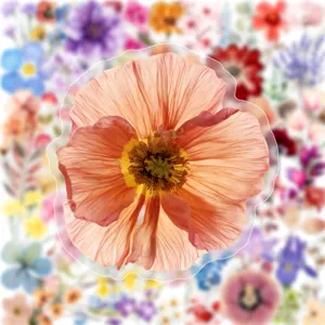 Closeup of peach flower pressed sticker detail, perfect for journal decoration and crafts.