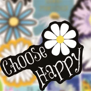 Primo piano dettaglio dell'adesivo margherita nera con testo Choose Happy, resistente.