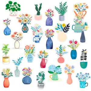 Nordic watercolor potted plant and flower vase stickers for water bottle and journal decoration.