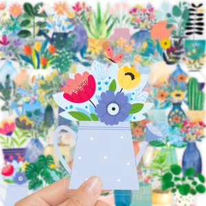 Transparent Nordic style watering can flower potted plant sticker, cute floral waterproof decor.