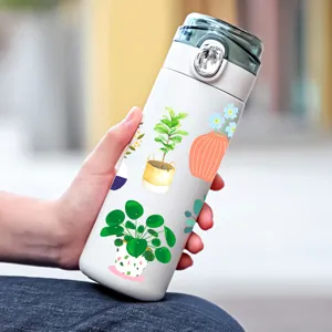 White water bottle decorated with Nordic style potted plant stickers, ideal for cup or bottle decor.