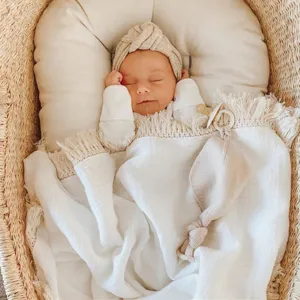 Neugeborene Baumwolle Gaze Baby Wickeldecke mit Fransen, weiche Kinderwagen Decke.