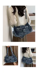 Vintage denim shoulder bag for women, casual crossbody bag with multi pockets y2k style.