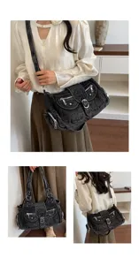 Vintage Y2K Denim Shoulder Bag Multi-Pocket Retro Crossbody Handbag Casual Commuter Tote
