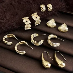 Luxury Coffee Gold Copper Earrings For Women Geometric Waterdrop Shell C-Shaped Butterfly Earrings Light Luxury Fashion Jewelry For Office Daily Wear