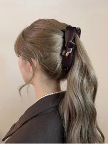 Velvet bow hair claw clip detail, elegant brown banana clip for women, vintage hair styling accessory