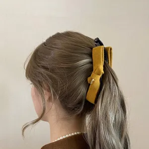 Vintage Elegant Bow Banana Clip For Women Velvet Woolen Fabric Hair Vertical Clip Back Head Styling Hair Accessories