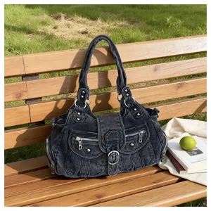 Vintage dark denim shoulder bag for women, large capacity multi-pocket casual crossbody tote.