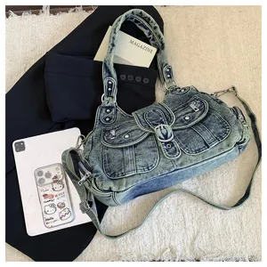 Vintage denim shoulder bag for women, large capacity Y2K crossbody bag with multi pockets.