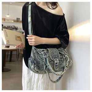 Retro denim women shoulder bag large capacity casual vintage messenger bag detail view