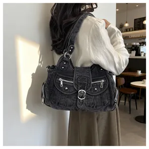 Retro Denim Shoulder Bag Women Vintage Multi-Pocket Crossbody Bag Casual Chic Handbag