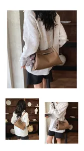 Brown leather shoulder bag detail showing classic lock closure and stylish strap design