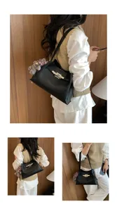 Women black leather shoulder bag with metal lock and cute bear pendant, casual daily tote