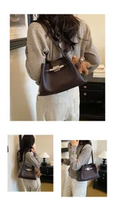 Stylish brown shoulder bag for women, featuring chic metal lock and cute bear charm pendant.