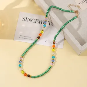 Collar de cuentas de cristal colorido hecho a mano cadena de clavícula vintage mujer.