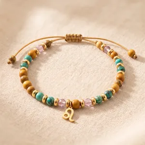 Bracelet de perles zodiaque avec pierre naturelle et pendentif lion pour femmes chic.