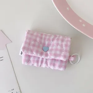 Pochette d'ecouteurs matelassee a carreaux rose sac de rangement mignon pour cartes utiles