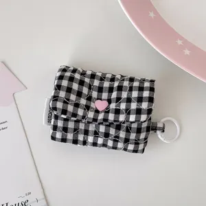 Sac écouteur en tissu à carreaux noir et blanc style INS pochette de rangement portable cœur