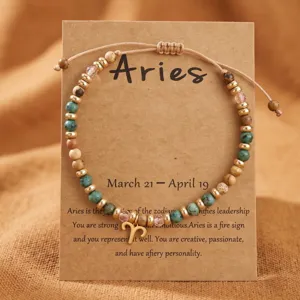 Bracelet de perles en pierre naturelle Aries avec carte zodiaque, bijou astrologique chic.