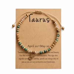 Bracelet de perles en pierre naturelle Taureau avec charm zodiaque sur carte cadeau